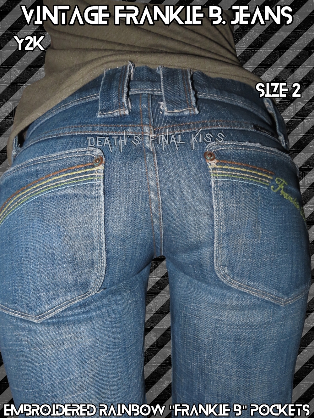 RARE Vintage Frankie B. Ultra Low Rise Flare Jeans Rainbow Embroidered Pockets 2